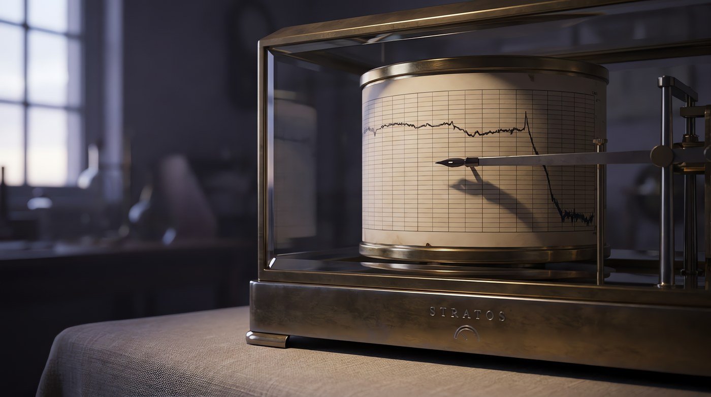 A barograph drum showing an inked seven-day pressure trace falling steeply at the right