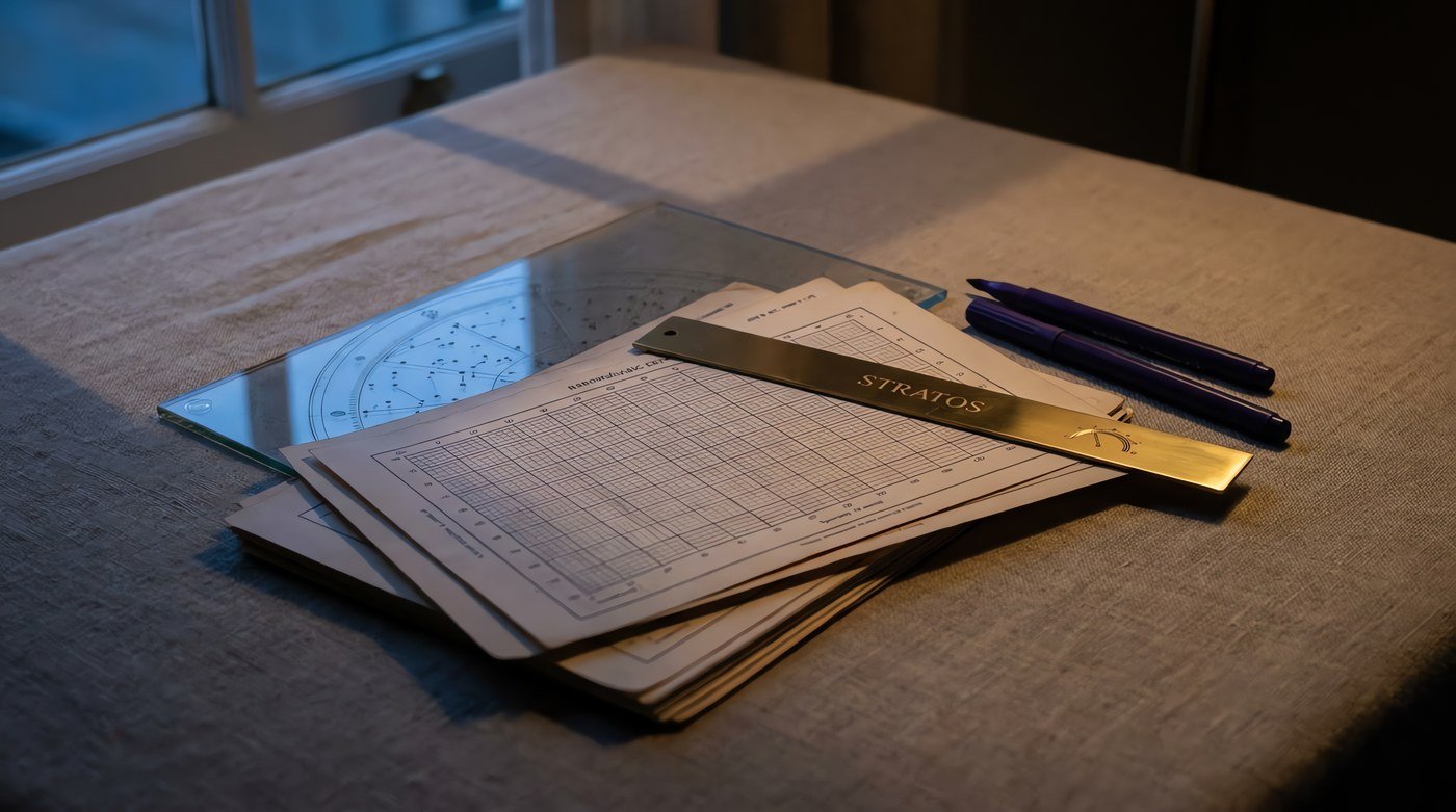 A fanned stack of ruled barograph charts and a laminated star plate with a brass rule laid across them