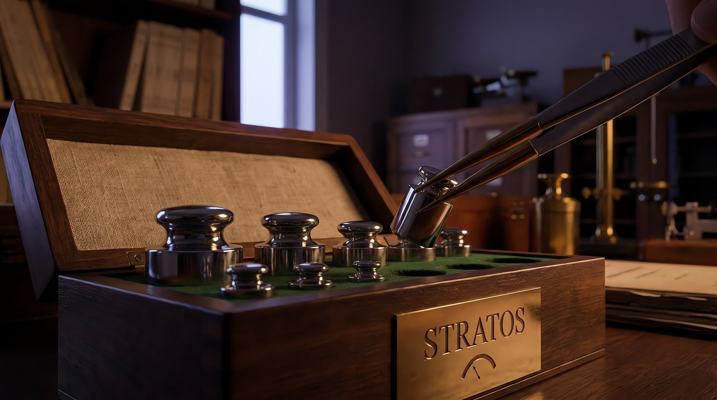 Polished stainless calibration weights in a fitted walnut block with brass-tipped forceps